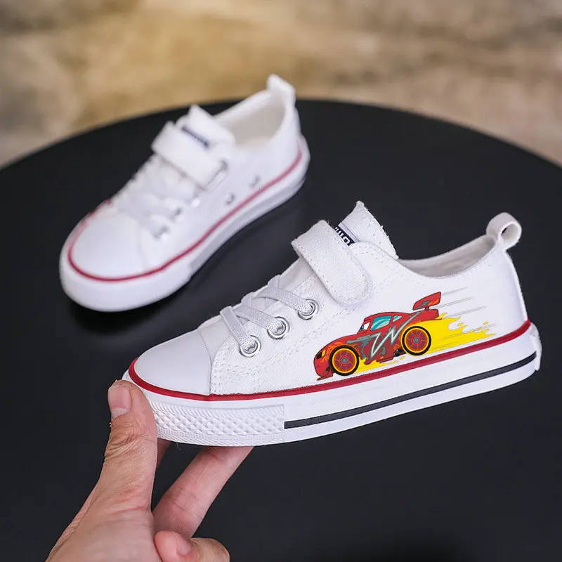 McQueen Canvas Shoe Children Low Top Canvas Shoes Cartoon Hot stamping White Tennis Shoes Teen Casual Sneakers Size 25-36