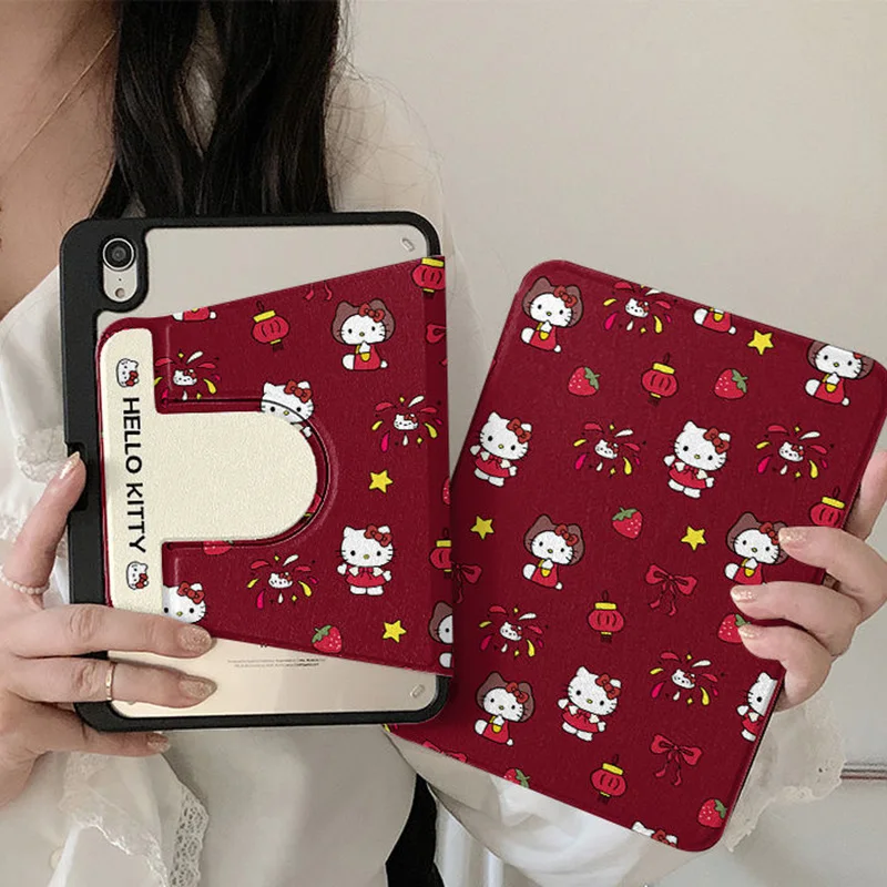 Cute Sanrio Hello Kitty Ipad Case Kawaii Cartoon Anime Strawberry KT with Pen Slot IPad Air4 MINI6 Anti Bending Case Girl Gifts