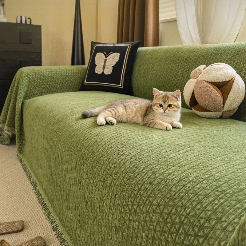 Retro Green Sofa Cover Cloth Wear Resistant Cat Scratch Resistant Sofa Towel Chenille Full Covers Universal Seat Cushion Covers