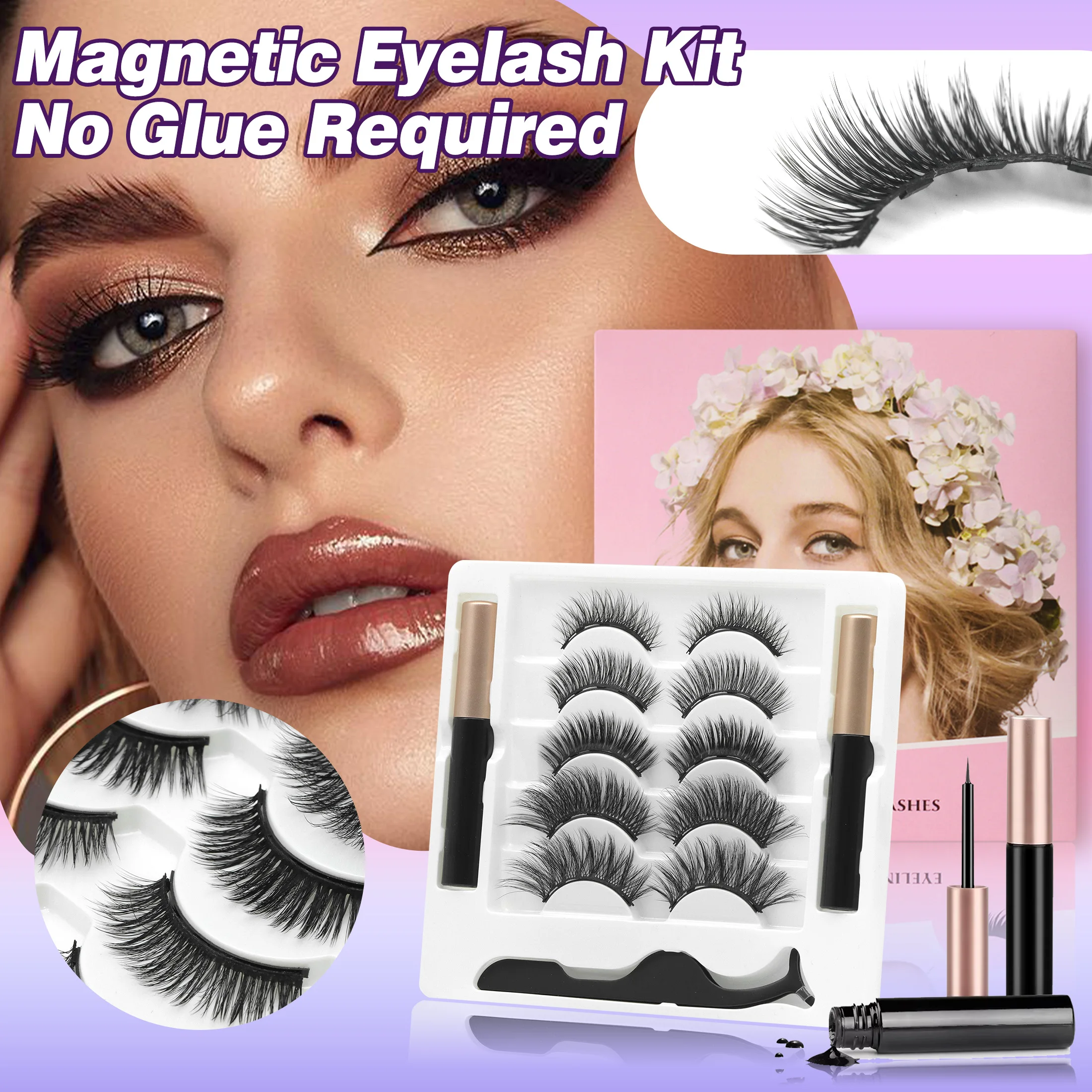 5 صفوف من 10 أزواج من الرموش الصناعية المغناطيسية 10-15 ملم رموش سوداء سميكة ومجعدة بشكل طبيعي مع كحل مغناطيسي #1