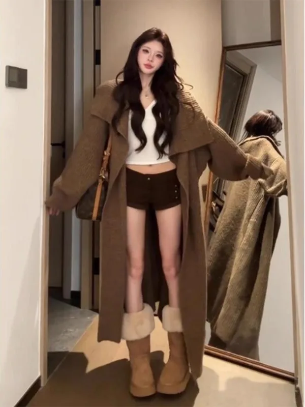 

plus Size Korean Style Lazy Fashion Knitted Woolen Coat Loose Long Sleeve High Collar Autumn Winter New Arrival Slimming Coat