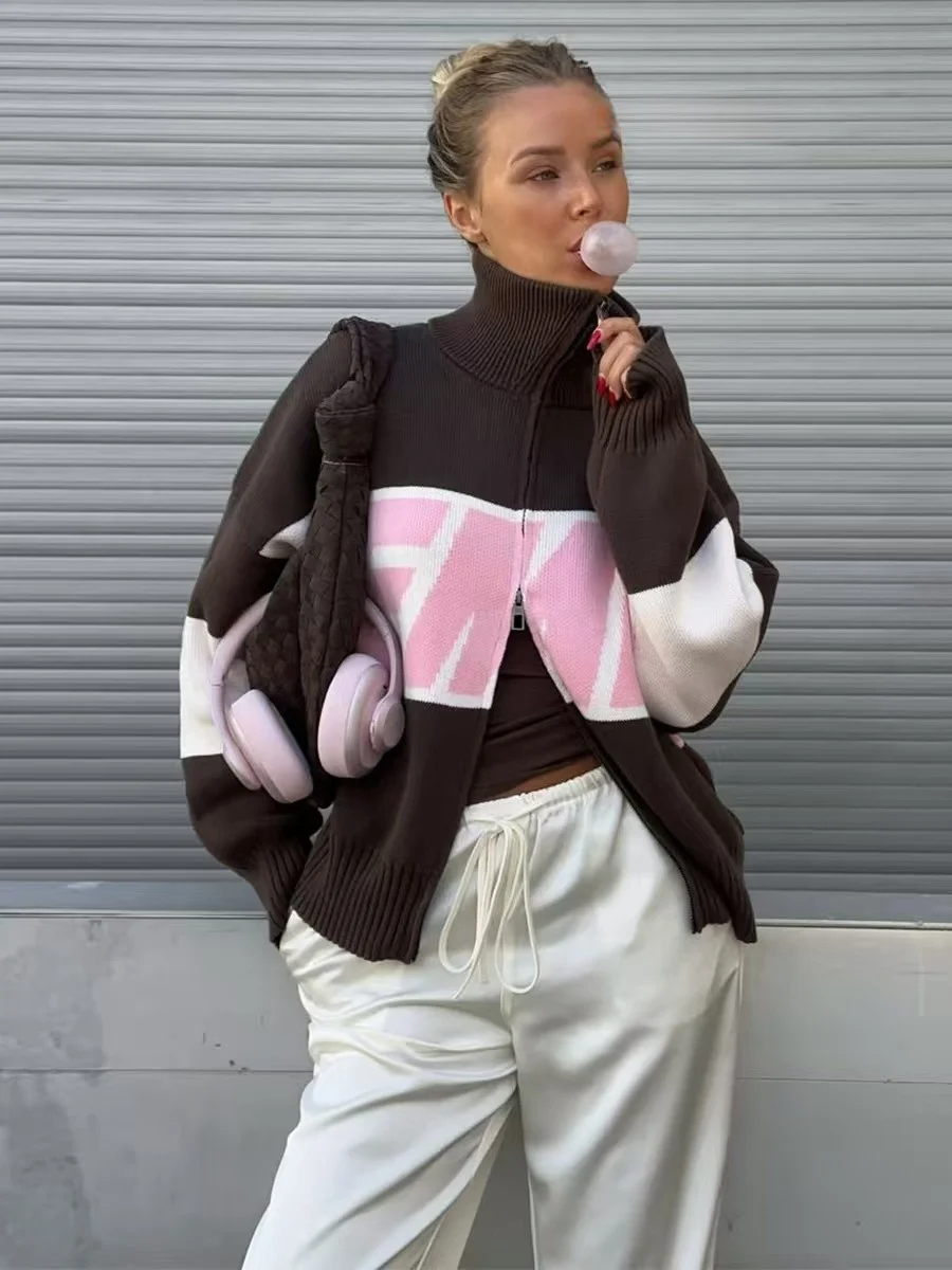 

Новый свитер с вышивкой и воротником на молнии, цветной, свободного кроя, с длинными рукавами, модный, весенний, женский.