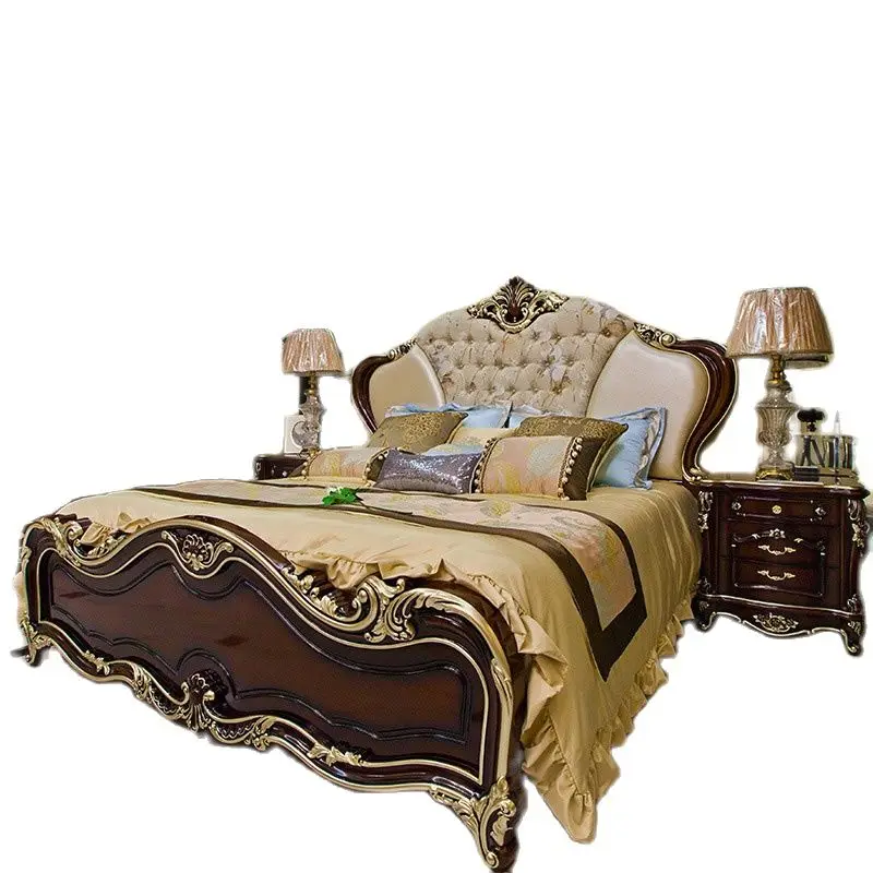 

Modern European Italian Solid Wood Genuine Leather Bed Fashion Carved Luxurious French Bedroom Set Furniture King Size Jxj83