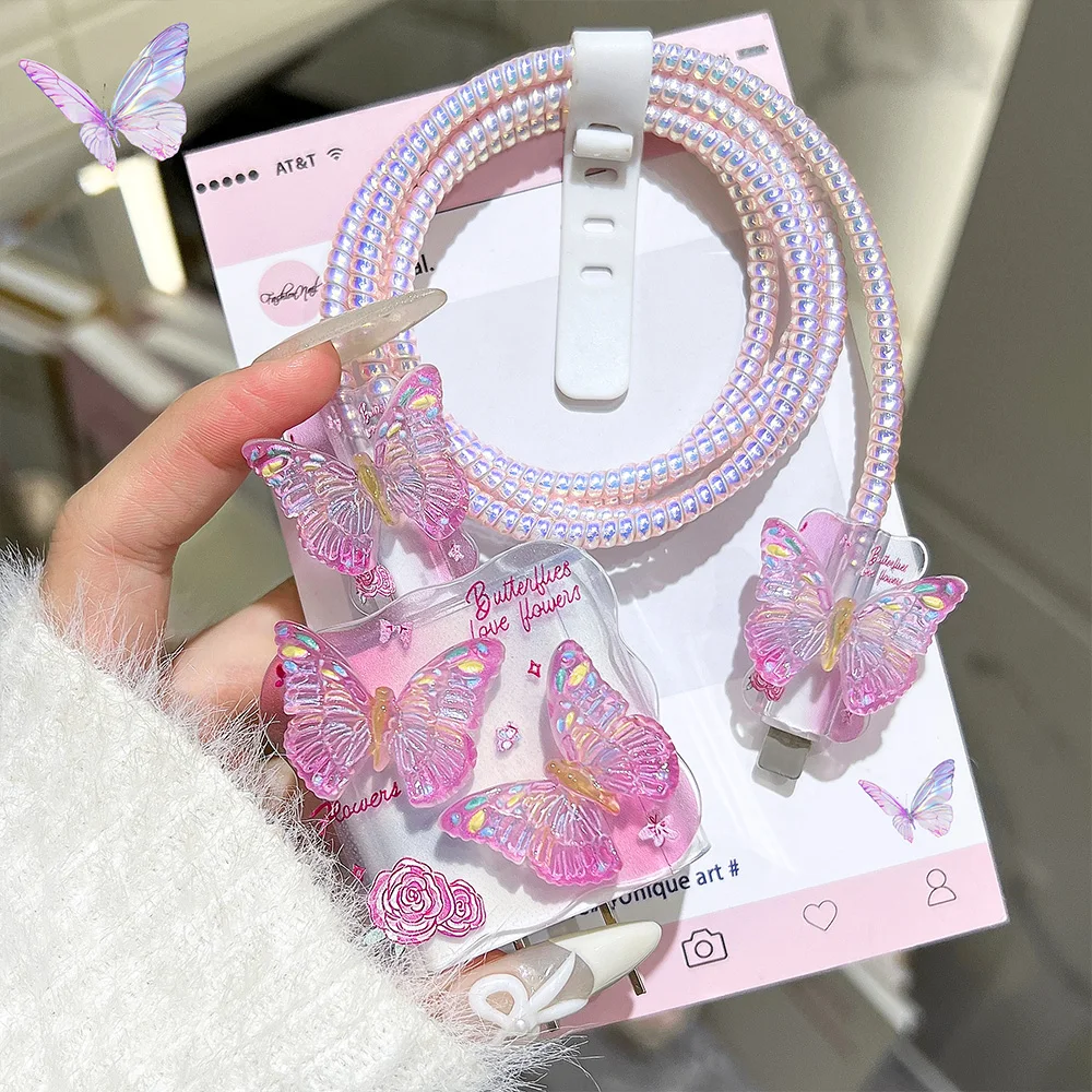 Pink Butterfly Data Cable Protective Sleeve For iPhone 18W/20W Charger Case Anti-Scratch Data Line Winder Wire Protector Cover