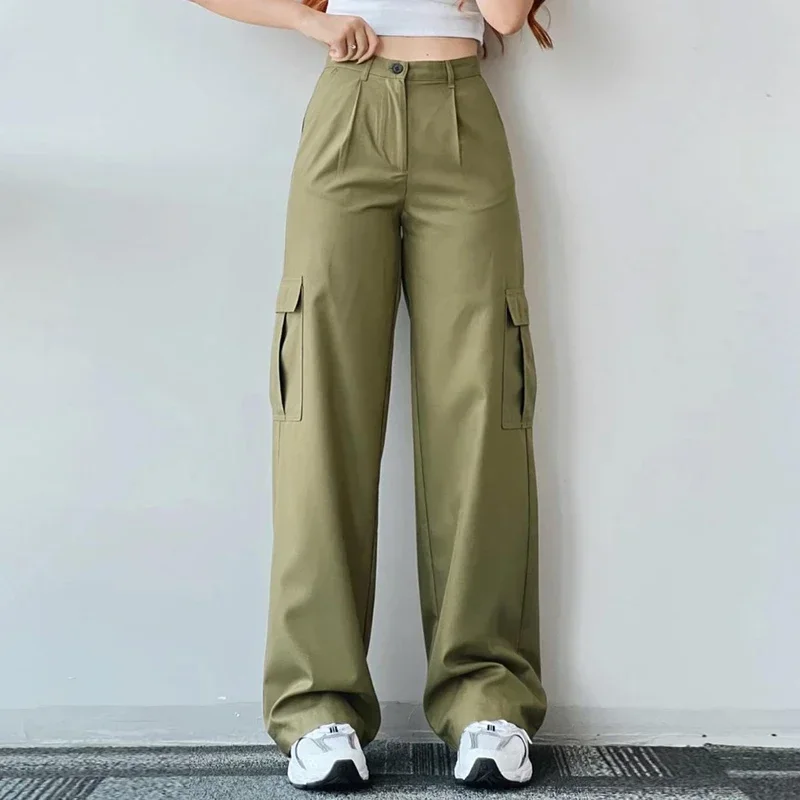 

Vintage Mid-Waist Cargo Pants Streetwear Autumn Solid Pockets Wide Leg Pants Sweatpants Fashion Straight Baggy Trousers 28437