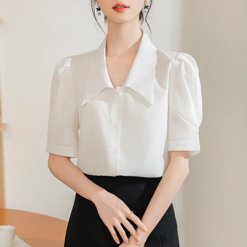 Women Clothing French Elegant Folds Shoulder Short Sleeve Shirt Summer Fashion Button All-match Chiffon Blouses Office Lady Tops