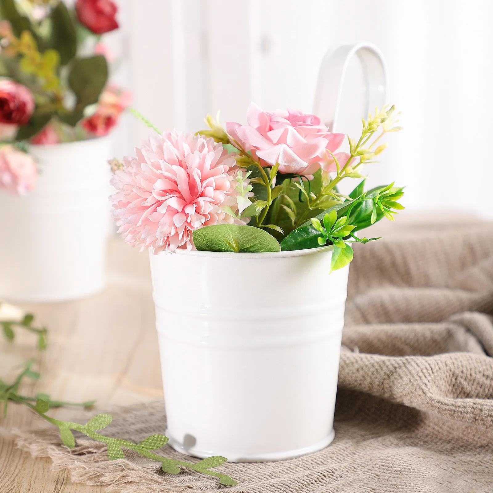4Pcs Hanging Iron Planter Flower Bucket for Balcony Patio Deck Indoor Outdoor Garden Dried Silk Flowers Arrangement
