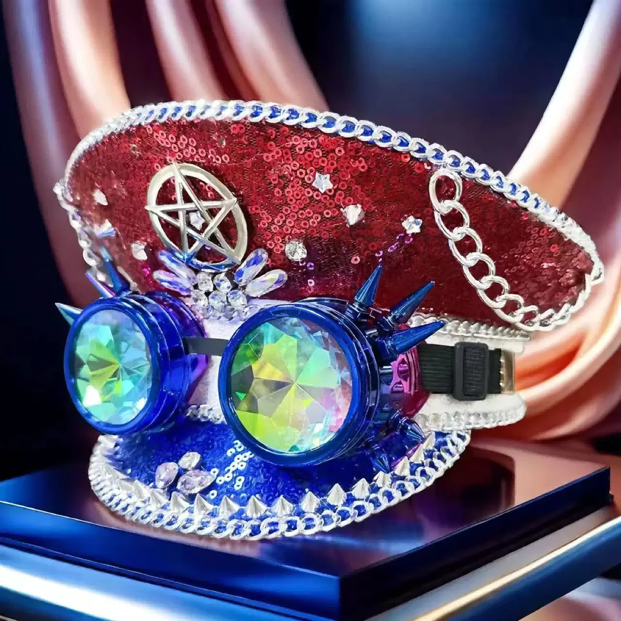 スチームパンク キャプテンハット ラインストーン付きゴーグル付き バーニングマンフェスティバル用 女性用、ミリタリーアクセサリー＆男性用キャップ