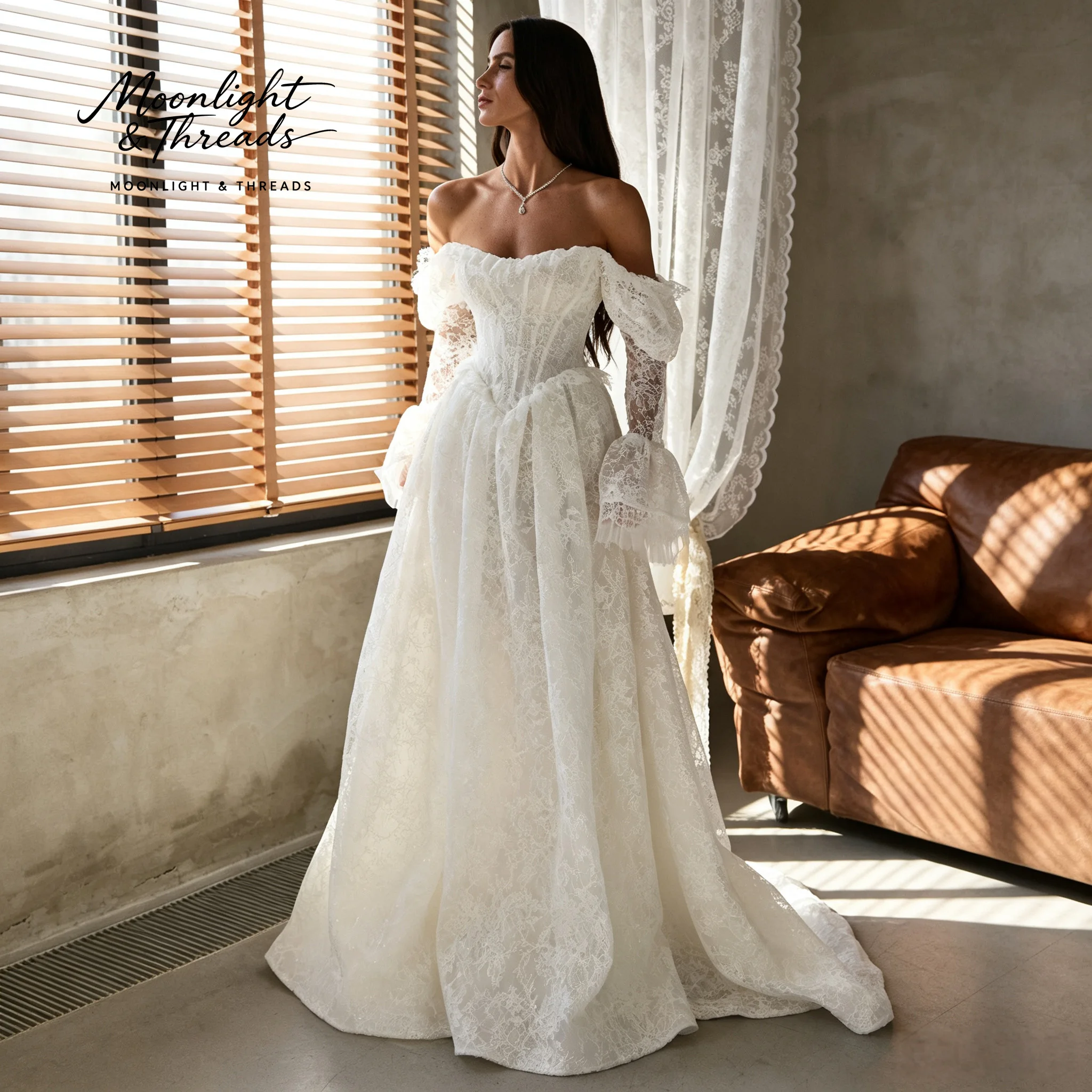 Ivory-White Plunging Sleeveless Fish-Tail Floor-Length Formal Wedding Dress with Sequin and Lace Design