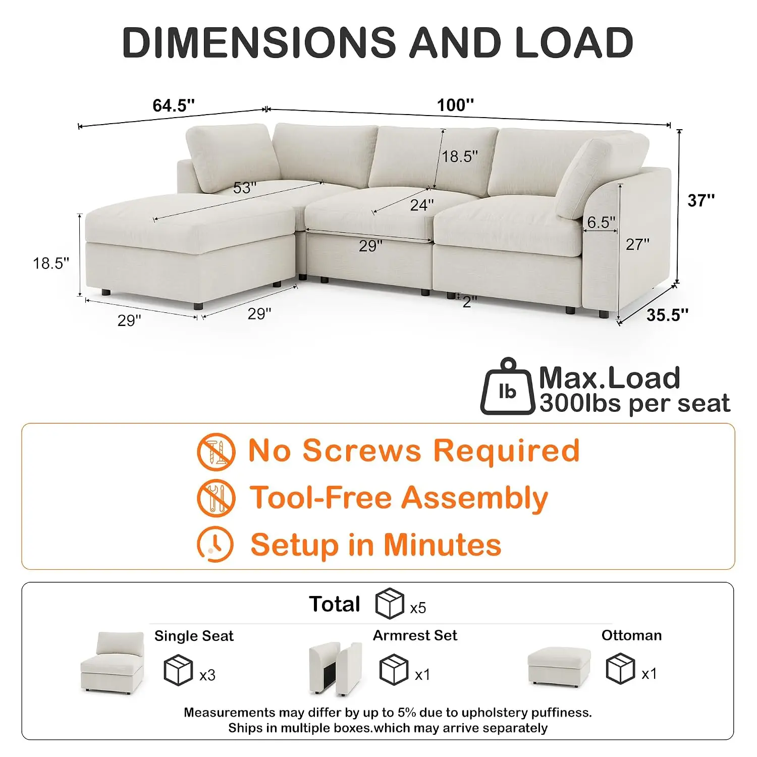 100 Inch Cloud Modular Sectional Sofa with Storage Ottoman, Chenille Couch with Curved Arm, Oversized Comfy Cloud, Customized