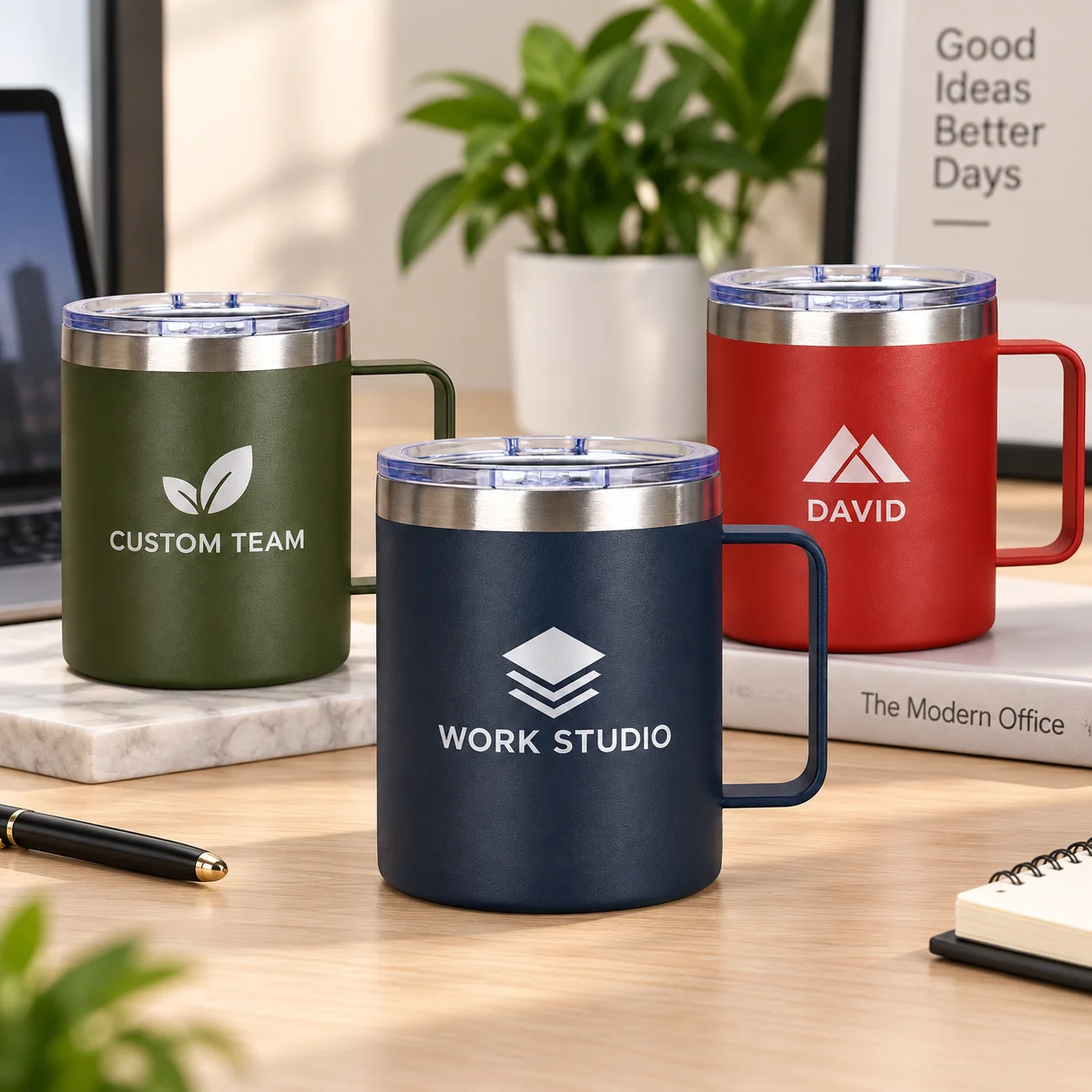 Custom Logo Coffee Mug Personalized Company Name Stainless Steel Cup with Lid Handle Employee Team Business Gift Custom Text