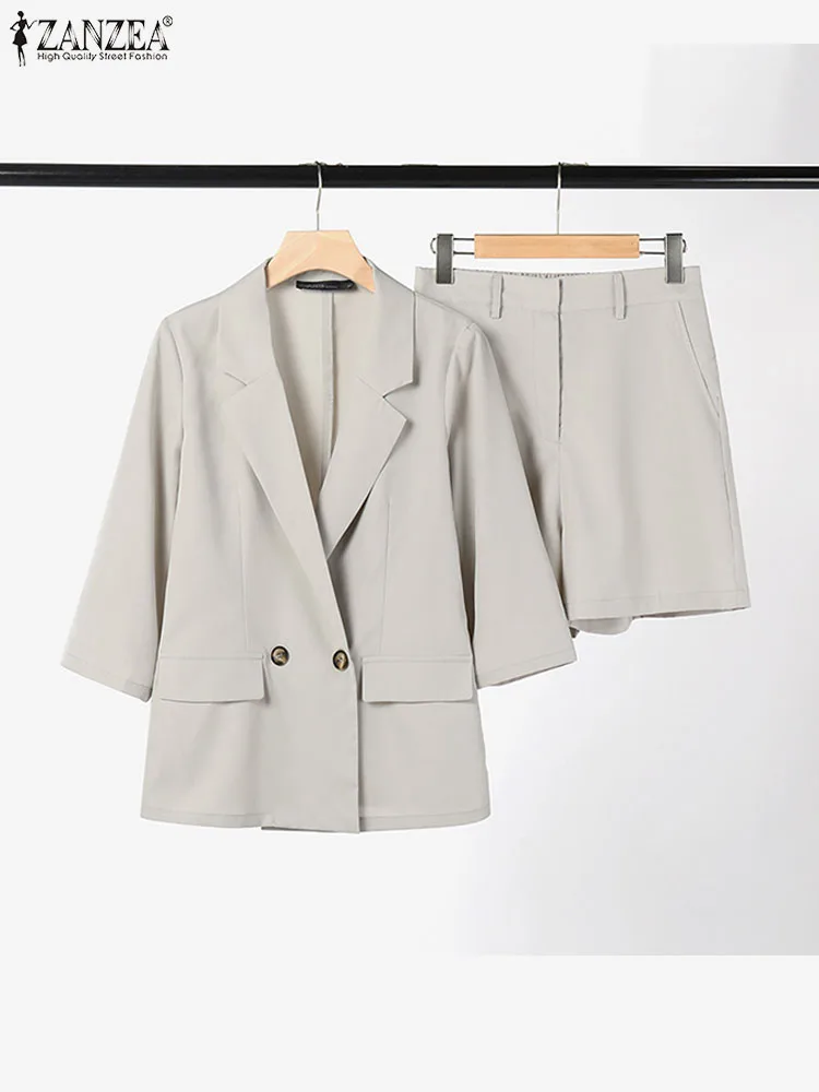 Korean Fashion ZANZEA Casual Commute 2pcs Blazer Suits 3/4 Sleeve Blazer Coat and Elastic Waist Shorts Women 2 Piece Short Sets