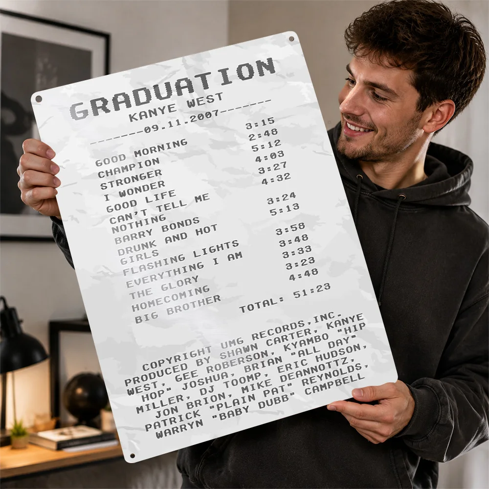 Kanye West Graduation Album Tracklist Printed Poster Personalized Aluminum Metal Sign Urban Tribute Wall Art Made For Rap Fans