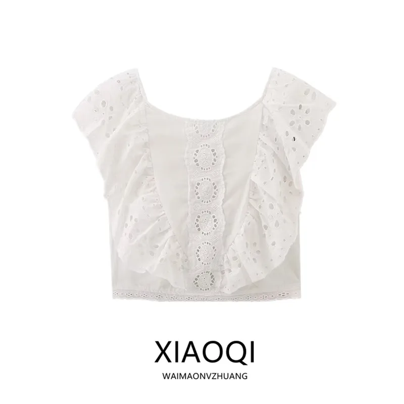 

Women's Summer 2024 Design Sense Versatile Hollow Embroidery Multi-layer Decoration Top High Waist Sle round Ne Svel