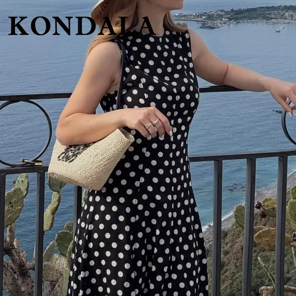 ชุดเดรสยาวทรงเอไลน์สีขาวลายจุดสุดชิค แบรนด์ KONDALA รุ่น Elegant Black Tank เหมาะสำหรับใส่ไปเที่ยวทะเล แฟชั่นปี 2025 สไตล์สตรีทแวร์ แขนกุด ลำลอง ความยาวปานกลาง