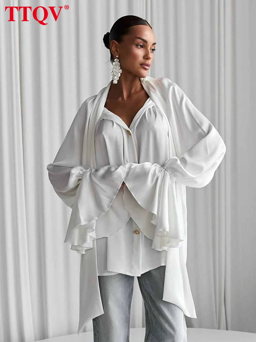 

TTQV Fashion Loose White Women's Blouse 2026 Casual Bow Collar Long Sleeve Shirt Elegant Classic Solid Top Female Clothing