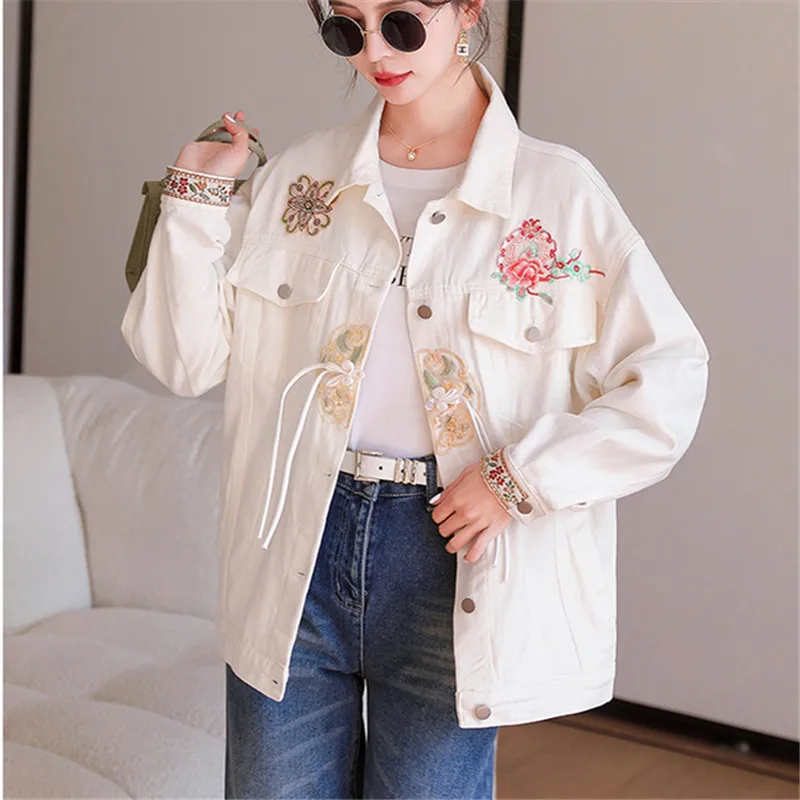 Harajuku vintage flor bordado branco denim jaqueta solta casual lapela manga longa primavera outono nova jaqueta jeans feminina casaco