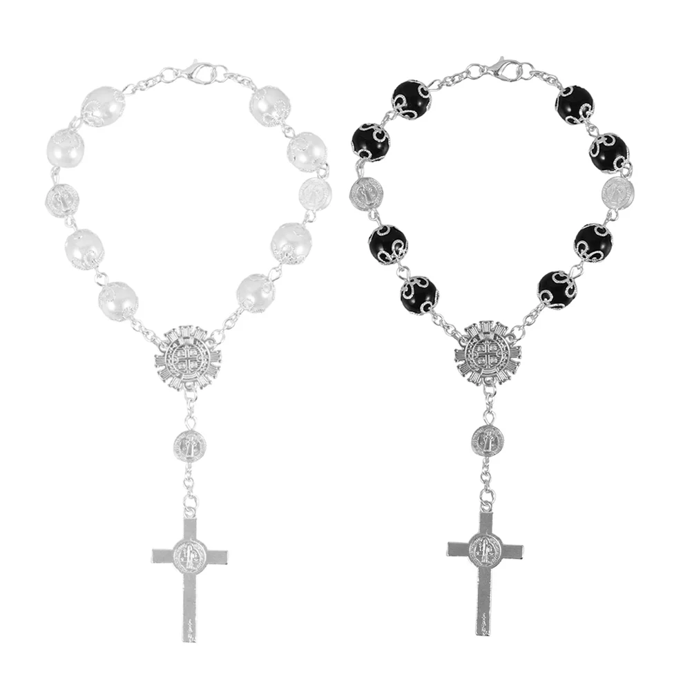 

2 Pcs Cross Rosary Bracelet Rearview Mirror Hanging Ornament Car Medal Pendant Zinc Alloy Auto Decors