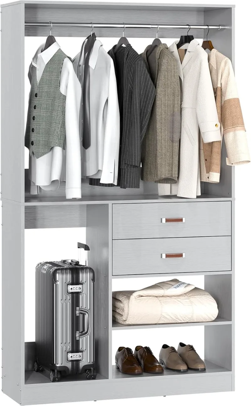 Freestanding Closet System with Suitcase Storage 40 Inches Stand-Alone Wardrobe with 2 Wood Drawers Walk-in Closet Grey