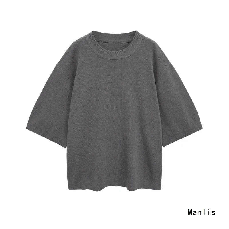 

European and American Style2025New Fashionable Elegant Women's Solid Color Loose Plain Short Sleeve Knit