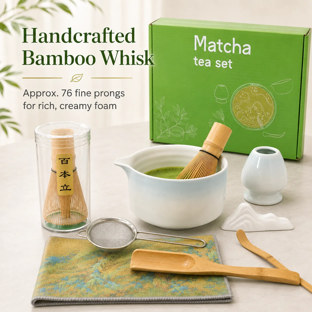 Set Completo de Matcha de 8 Piezas en Azul Degradado con Cuenco de Cerámica, Batidor de Bambú, Soporte para Batidor, Colador, Cuchara para Matcha, Reposacucharas y Paño de Té, Kit de Matcha de Estilo Japonés para el Ho