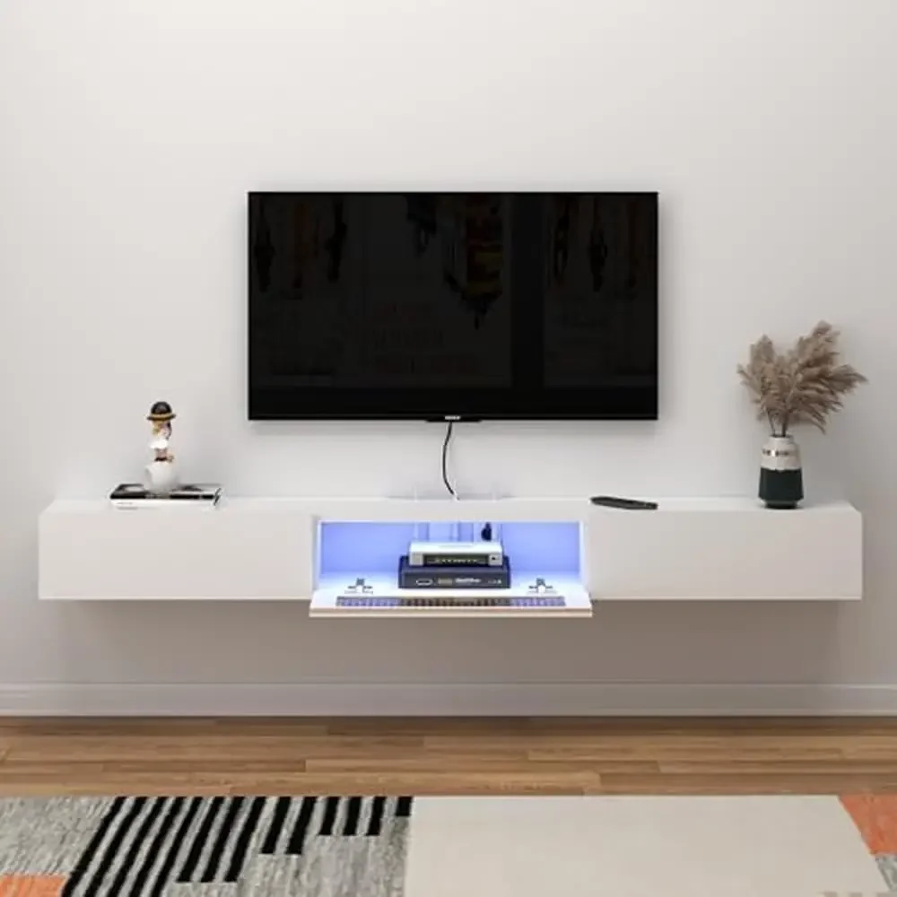 Floating TV Stand LED Lights Wall Mounted 79'' Glass Door 2 Drawers Wooden Entertainment Media Console Cable Management White TV