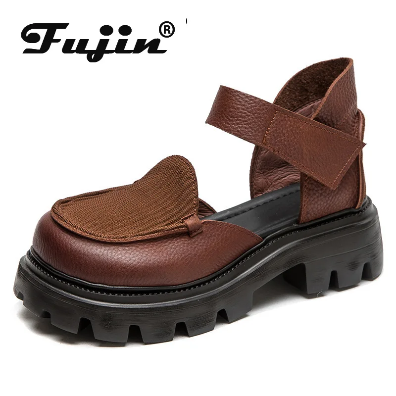 

Fujin 5cm Women Summer Hook Mary Jane Platform Wedge Loafer Shoes Stretch Fabric Cloth Sandals Hook Genuine Leather Ankle Boots