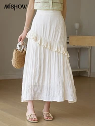 MISHOW Eegnat Lace Edge Skirt for Women Summer 2025 Ruffle Edge High Waist Slim A-line Long Skirt Solid Cake Skirts MXD30B0385