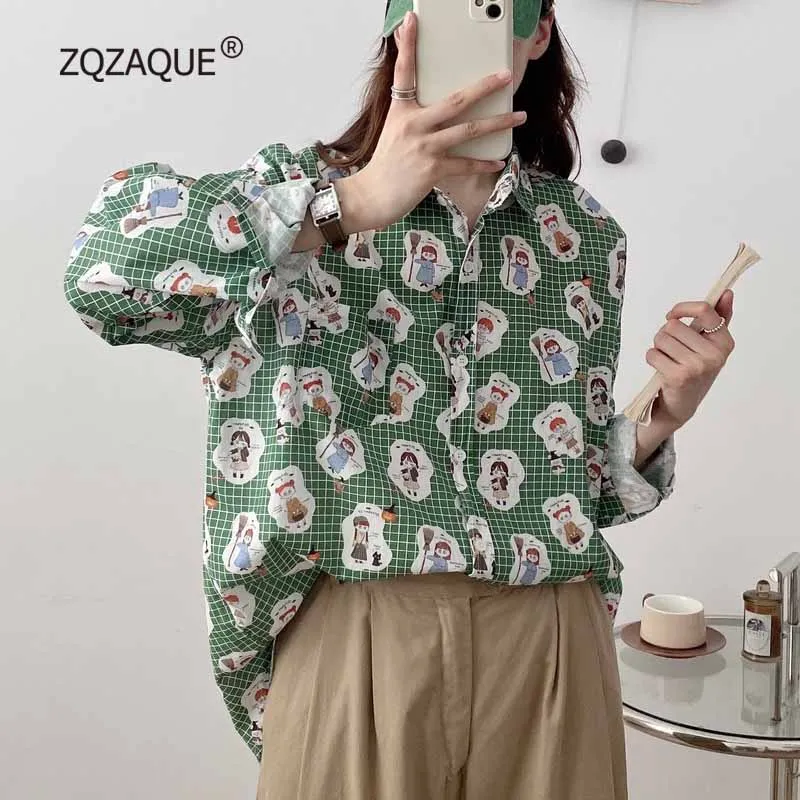 Dames cartoon print lange mouw katoenen shirt oversized schattige comfortabele blouse meisjes turn-down kraag herfst S003