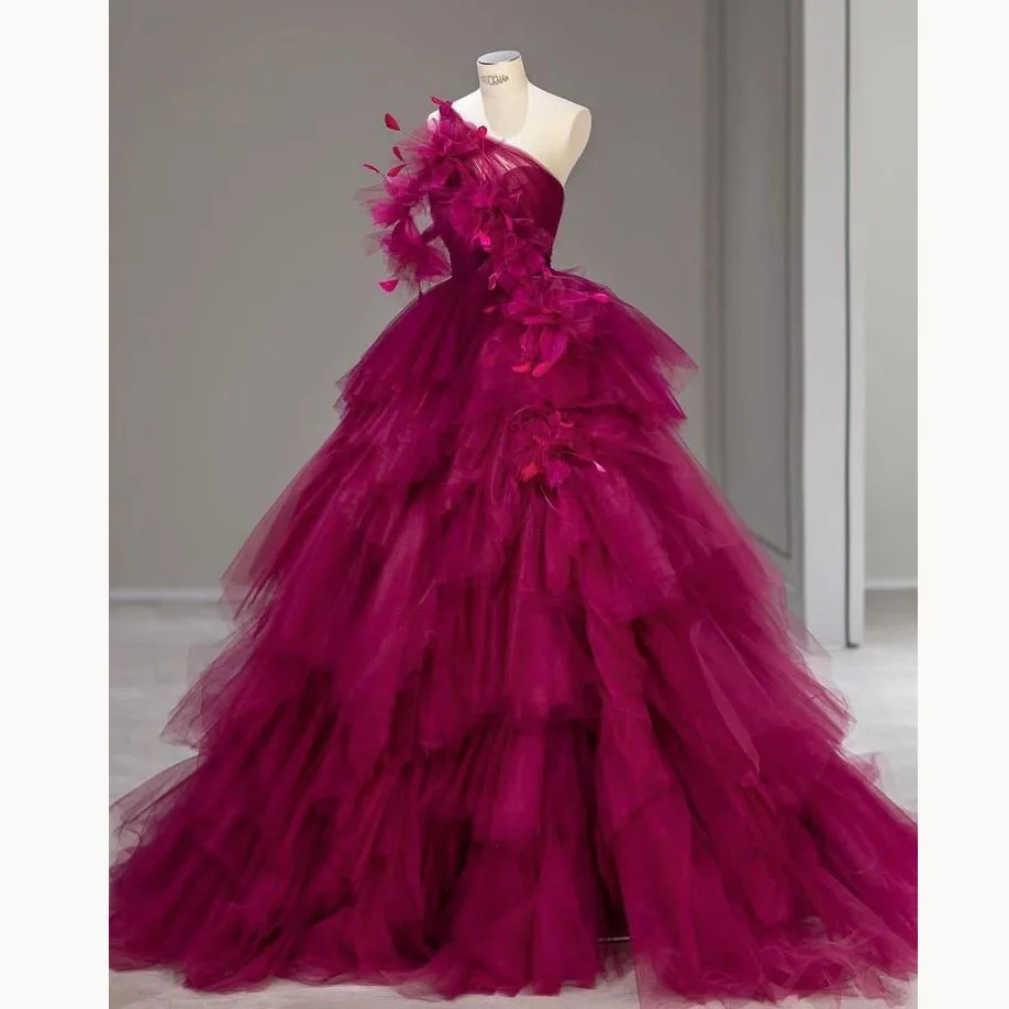 Layered Tulle Long Wedding Dresses With Handmade Flower Feather One Shoulder Ruffles Tiered Tutu Tulle Long Party Dress