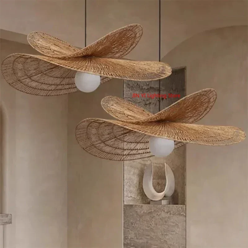 Wabi-Sabi Style Pendant Lights For Bedroom Living Room  Rattan Hand-Woven Lamp Restaurant Home Decor Chandeliers G80 Bulb