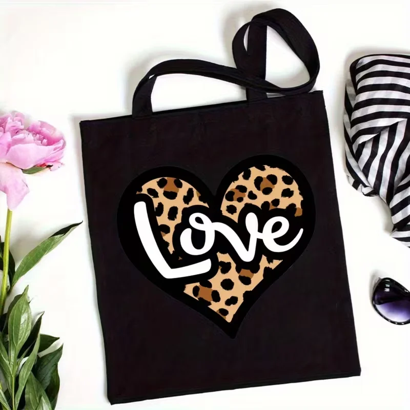 Leopard Print Heart Love Letter Canvas Tote Bag Trendy Reusable Shoulder Handbag For Teen Girls Shopping Travel School Holiday