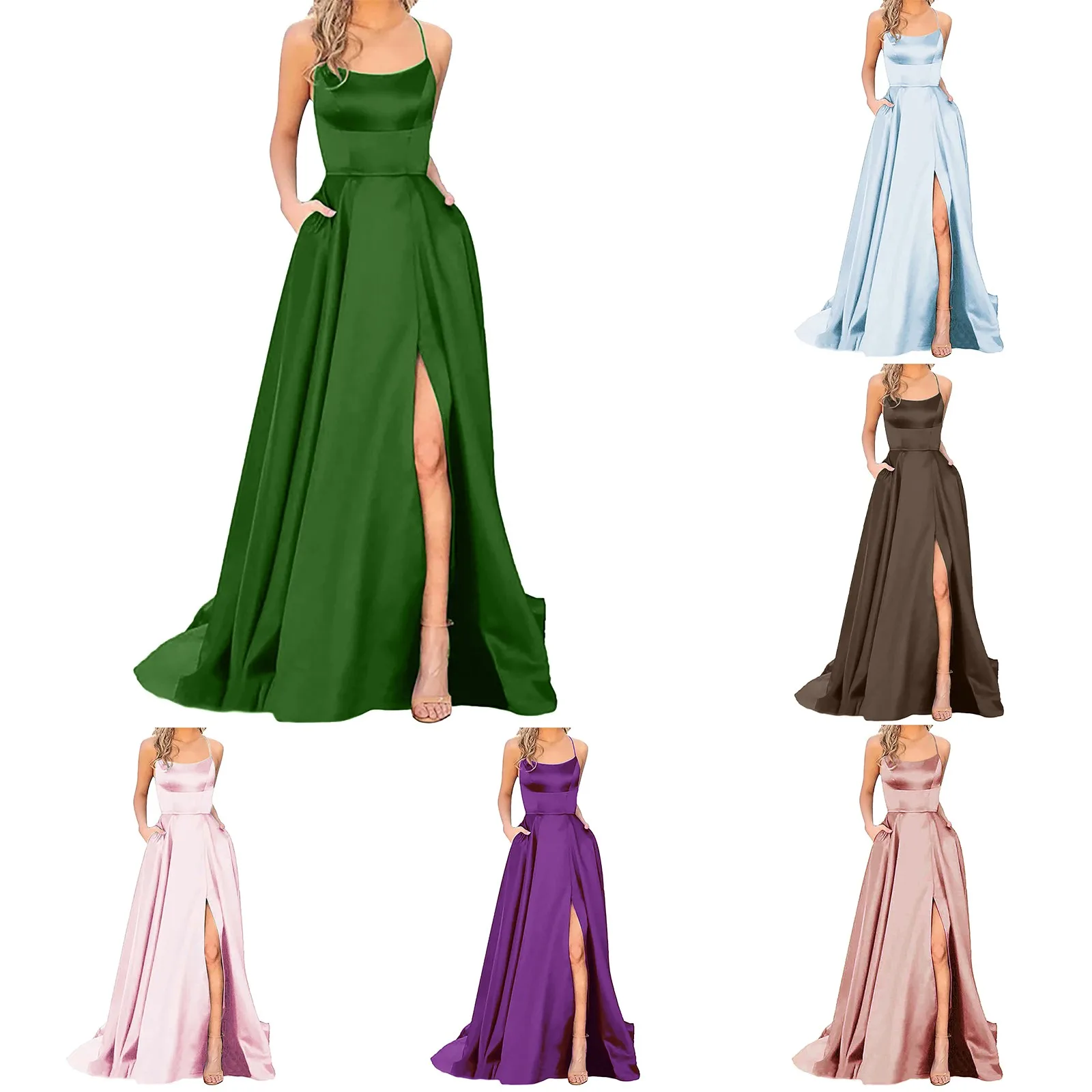 Gaun Prom spandeks satin Slit gaun sisi A-LINE Scoop Stretch Slip Satin tinggi Split panjang sederhana gaun pesta malam Vestidos