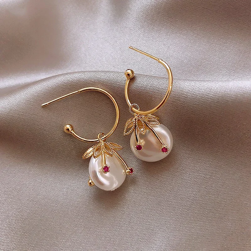 Fashion Delicate Peral Red Color Flower Gold Leaf Pearl Dangle Earrings For Women Party Wedding Gifts Custom Jewelry