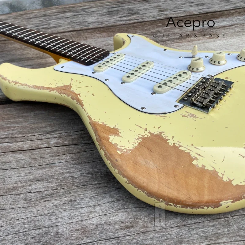 

In Stock Acepro Alder Body Handmade Aged Electric Guitar Tremolo Bridge Quality Relic Guitarra Cream Yellow Color