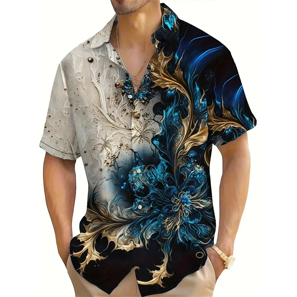 Vintage Flower Pattern 3D Printed Men's Colorblock Short Sleeve Lapel Hawaiian Style Shirt for Summer Vacation Oversized Tops