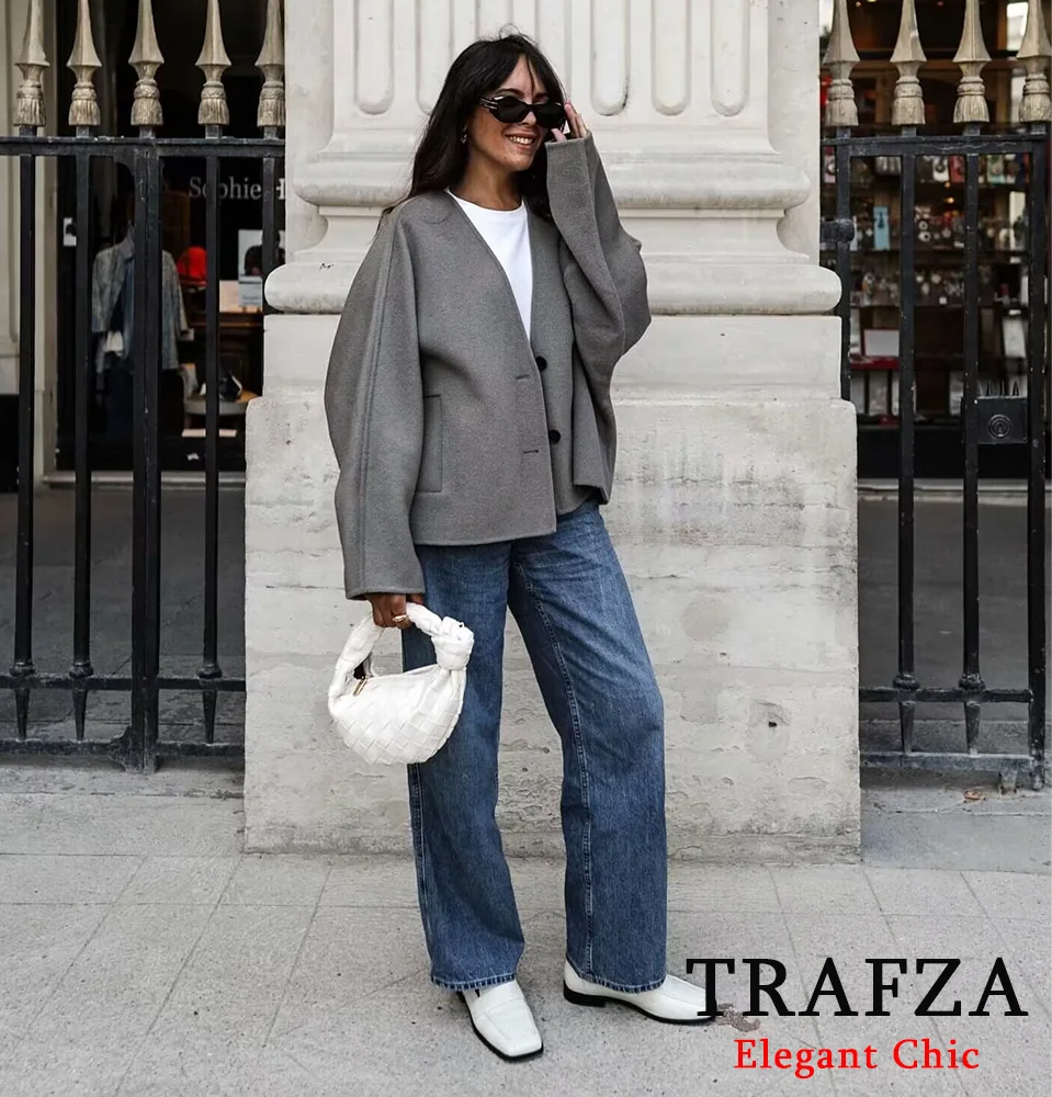 TRAFZA Elegant Loose Solid Tweed Coat Women's V-Neck Buttons Coat New Autumn Winter Fashion High Street Coat