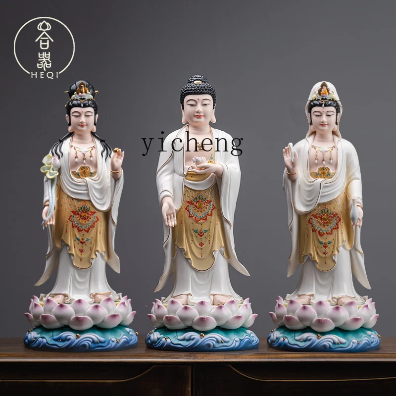 

FY Ceramic Standing Lotus Western Three Saints Buddha Statue Standing Buddha Amitabha Mahasthamaprapta Worship Ornament