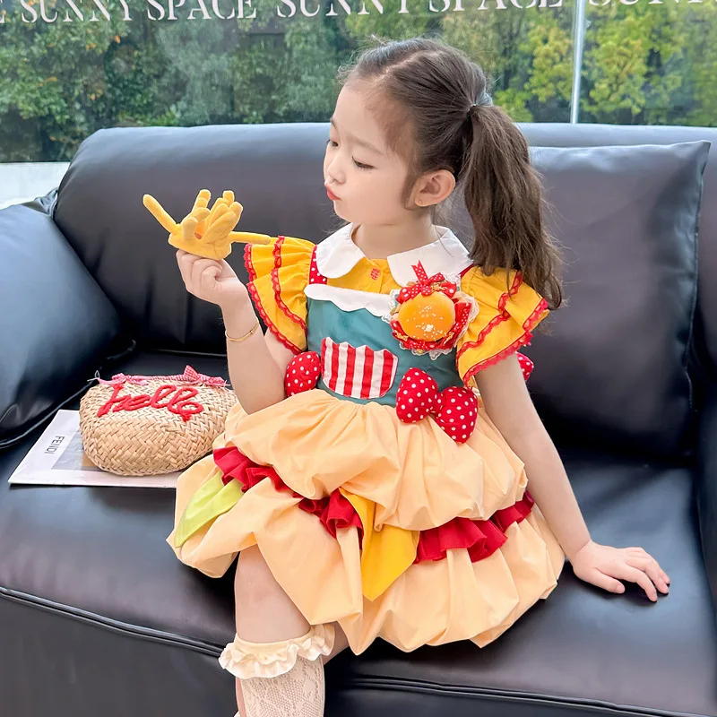 New French Fries Burger Lolita Ball Gown Cosplay Suit Sweet Cute Girl Kids Bow Princess Dress Birthday Party Children'S Clothing