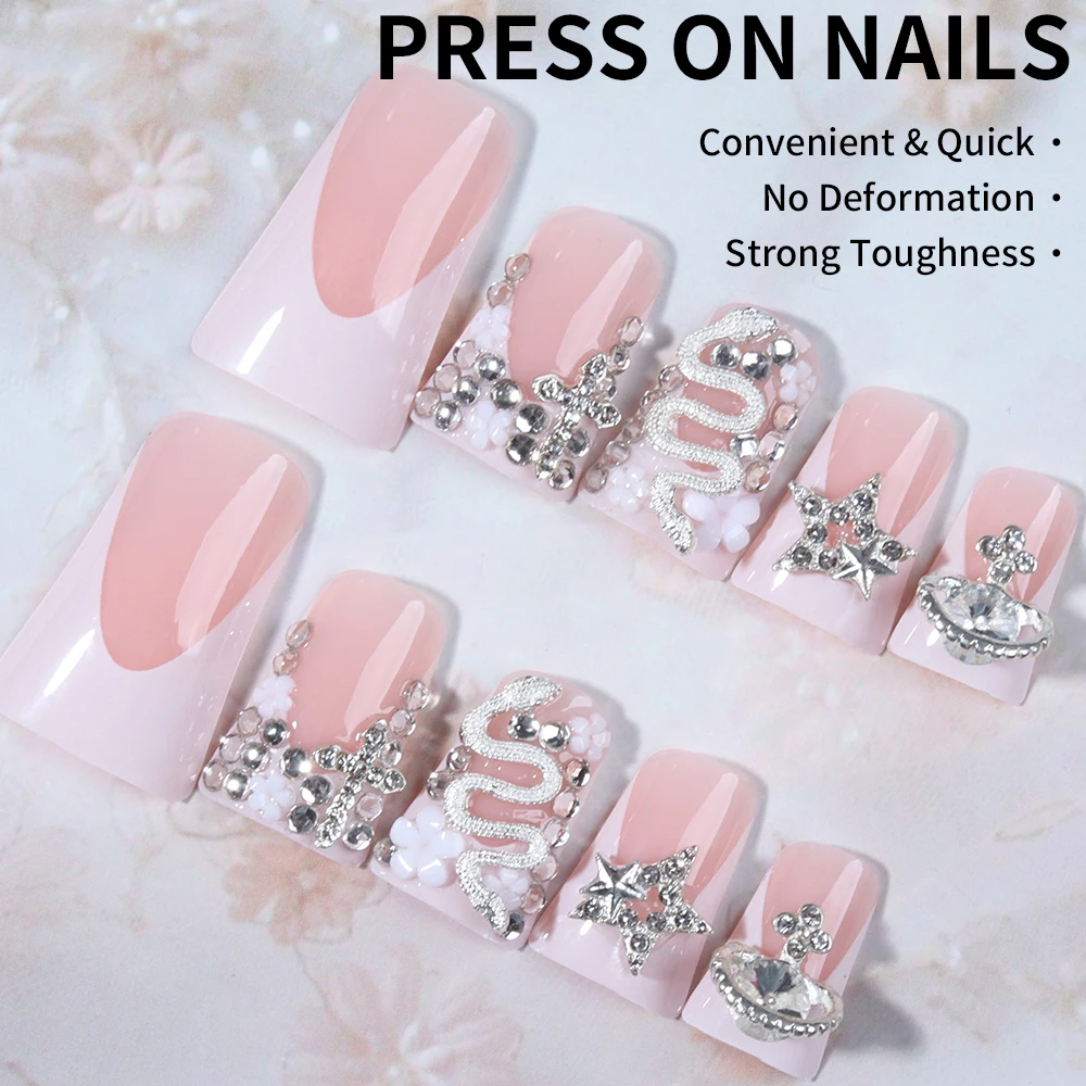 24 pièces Long canard noir pointe française presse sur ongles croix en alliage 3D, décoration en forme de serpent avec design en strass adapté parfaitement