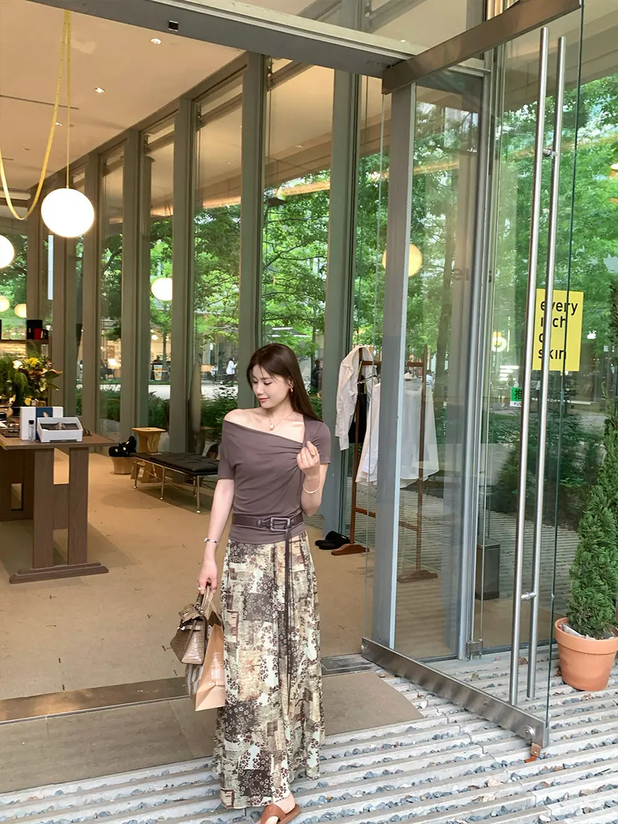 

Юбка Benxe А-силуэта с высокой талией, асимметричным принтом и поясом с бахромой, в корейском стиле, для повседневной носки, из полиэстера, свободного кроя, летняя