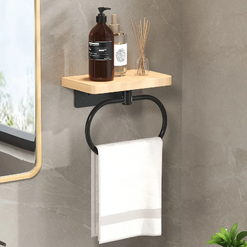 

Solid Wood Bathroom Wall Shelf with Towel Ring and Hooks, No Drill Adhesive Mounted Storage Rack for Shower, Toilet, Kitchen