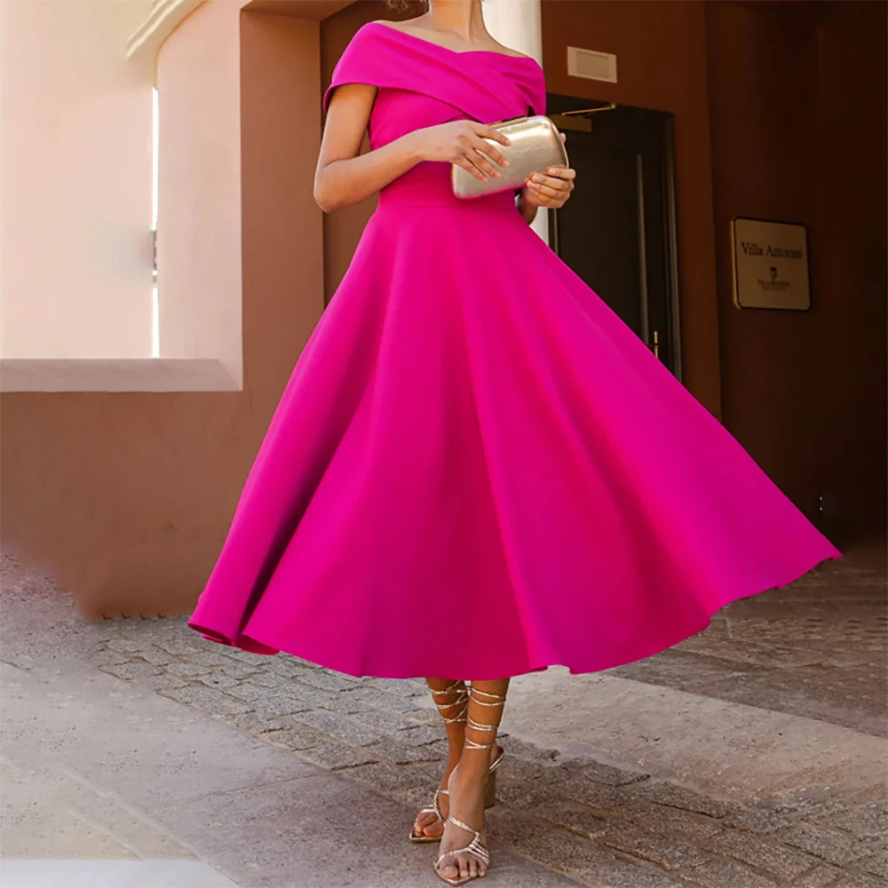 Новое вечернее платье с открытыми плечами, трапециевидное платье для выпускного вечера с короткими рукавами, плиссированное свадебное платье для гостей, вечернее коктейльное платье длиной до чая