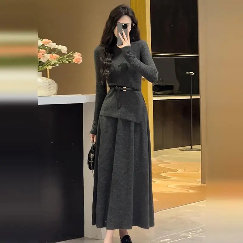 

Knitwear Outfits for Women Autumn Winter French Vintage Graceful Trutleneck Sweater Tops Skirts Sets Lady Solid Knit Skirt Suits