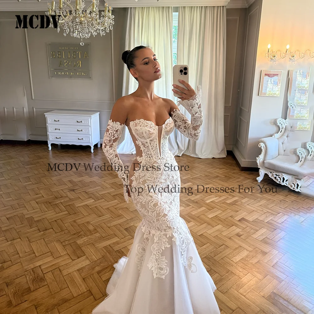 Shiny Lace Wedding Dress Bride Long Sleeve Mermaid Sweetheart Appliques Bride Dresses Customized Vestidos De Novia Customized