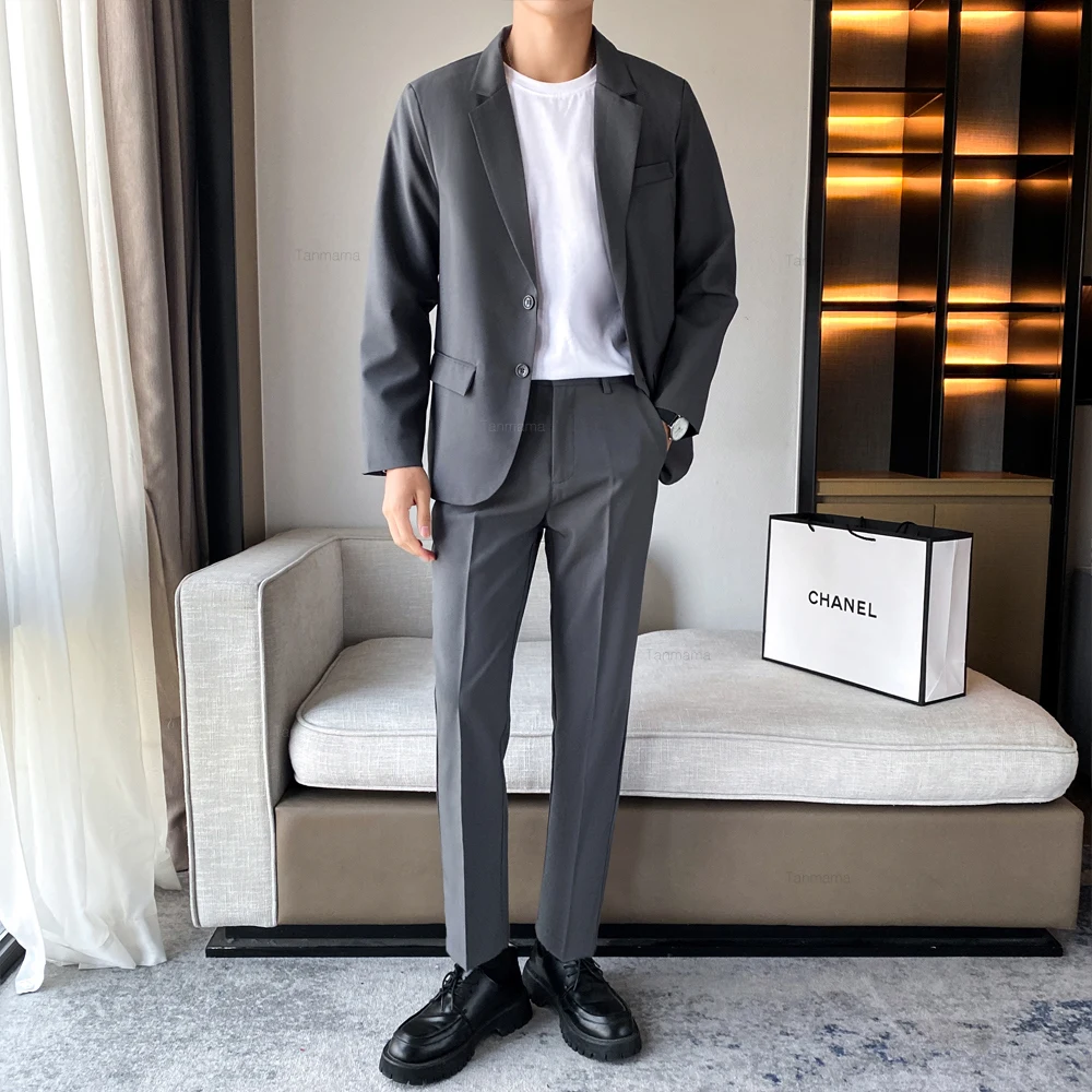 Men\'s Formal Suit Set Wedding Party Dress Black Gray Business Office Blazer Trousers Korean Fashion Draped Youth Suit Jacket