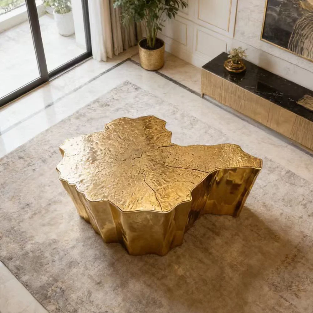 

mnItalian Style Luxury Tree Root Coffee Table Golden Etched Stainless Steel Base Irregular Design for Villa Hotel Living Room*