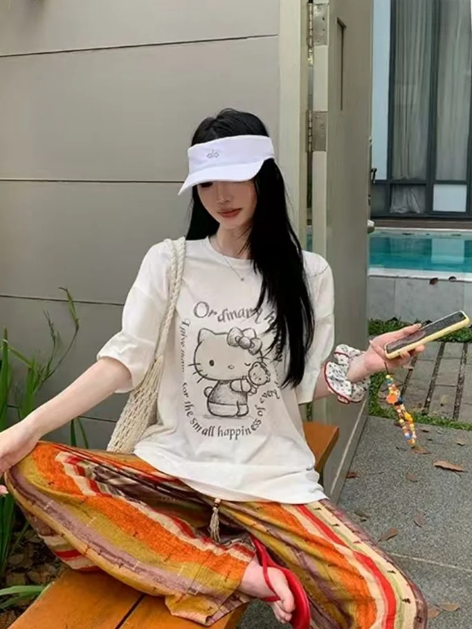 

Ретро-брюки в богемном стиле с широкими штанинами в полоску, женские повседневные свободные длинные брюки, милый стиль, омолаживающий эффект, эффект похудения