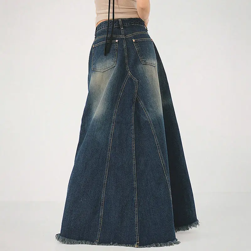 Fishtail Denim Rok Met Hoge Taille Amerikaanse Retro Distressed Dames Lange Rok Afslankende Slanke Hete Meisjesrok