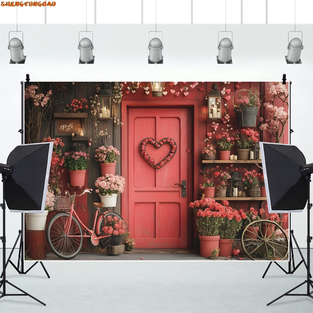 Valentine's Day Red Wooded Door Backdrop Pink Rose Love Heart Wedding Party Bridal Shower Backdrops for Photography Photocall
